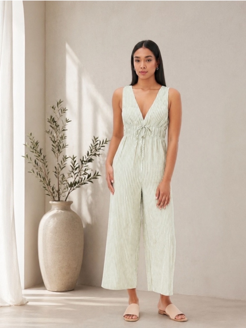 Striped sleeveless jumpsuit green white wide leg